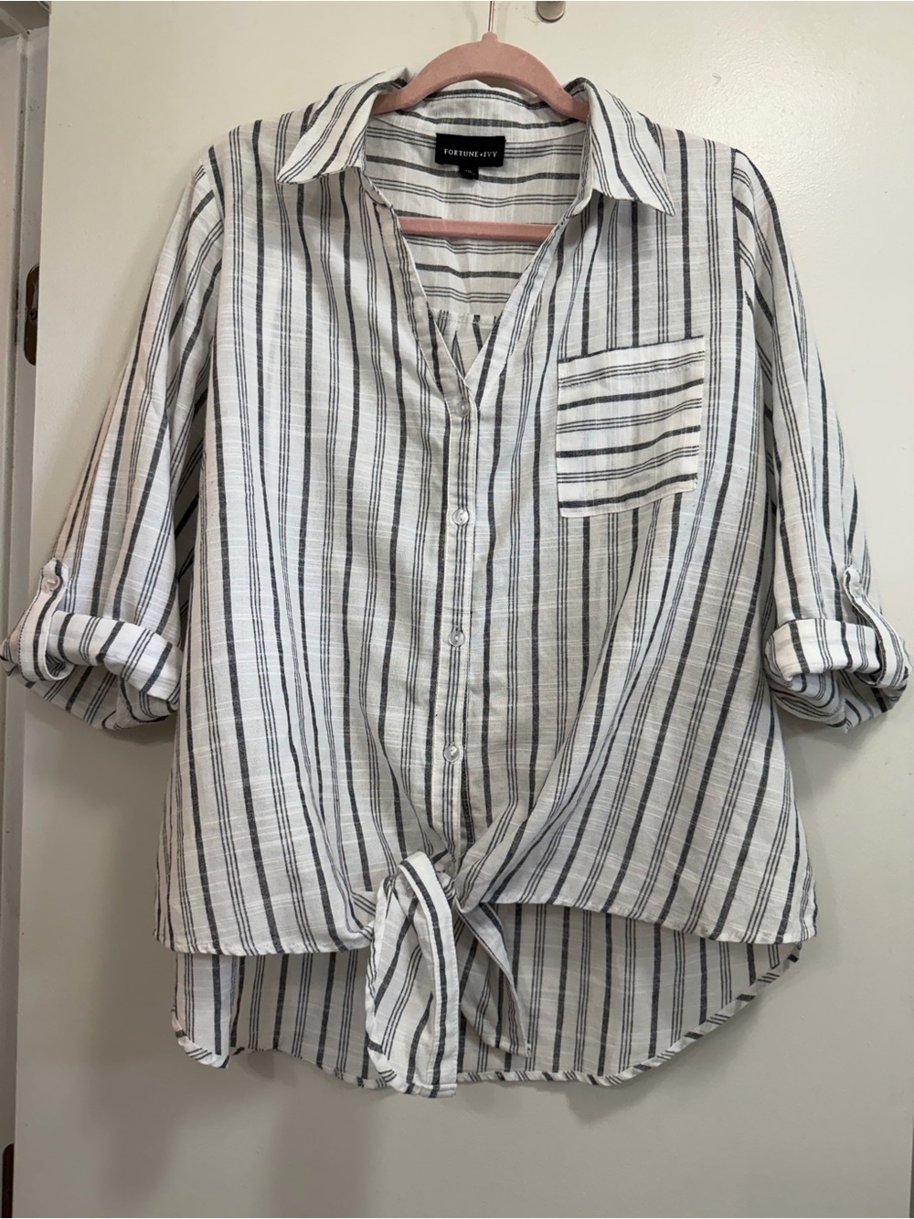 Fortune + Ivy White and Black Striped Tie-Front Button Blouse